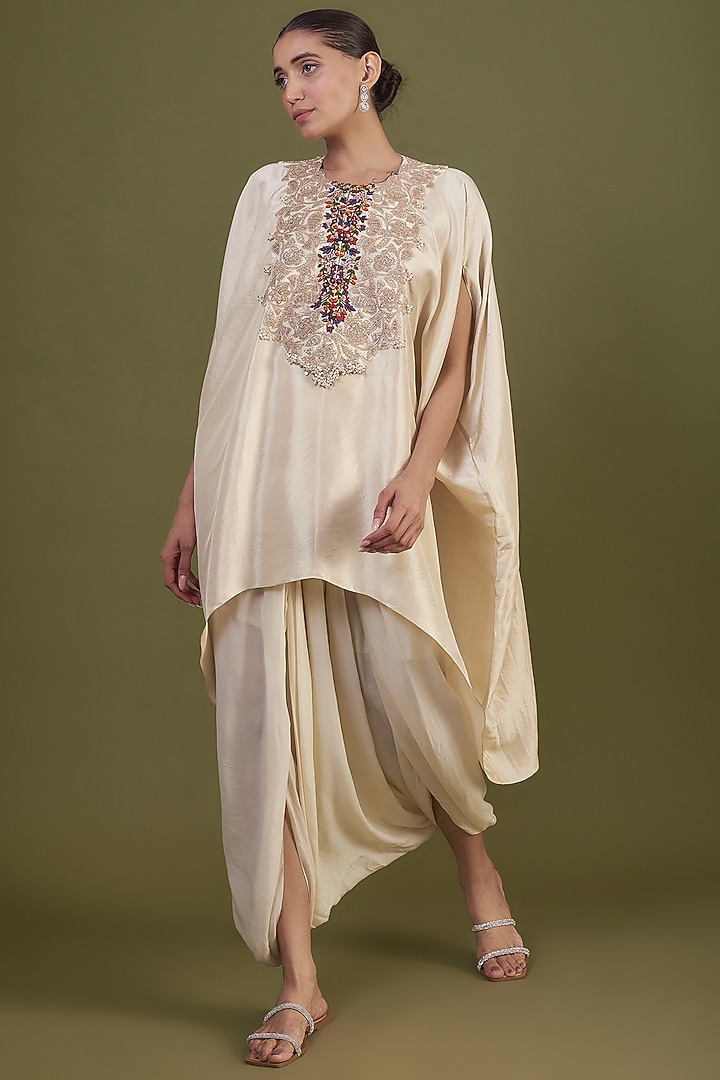 Ivory Silk Embroidered Kaftan Set by Prisho at Pernia's Pop Up Shop