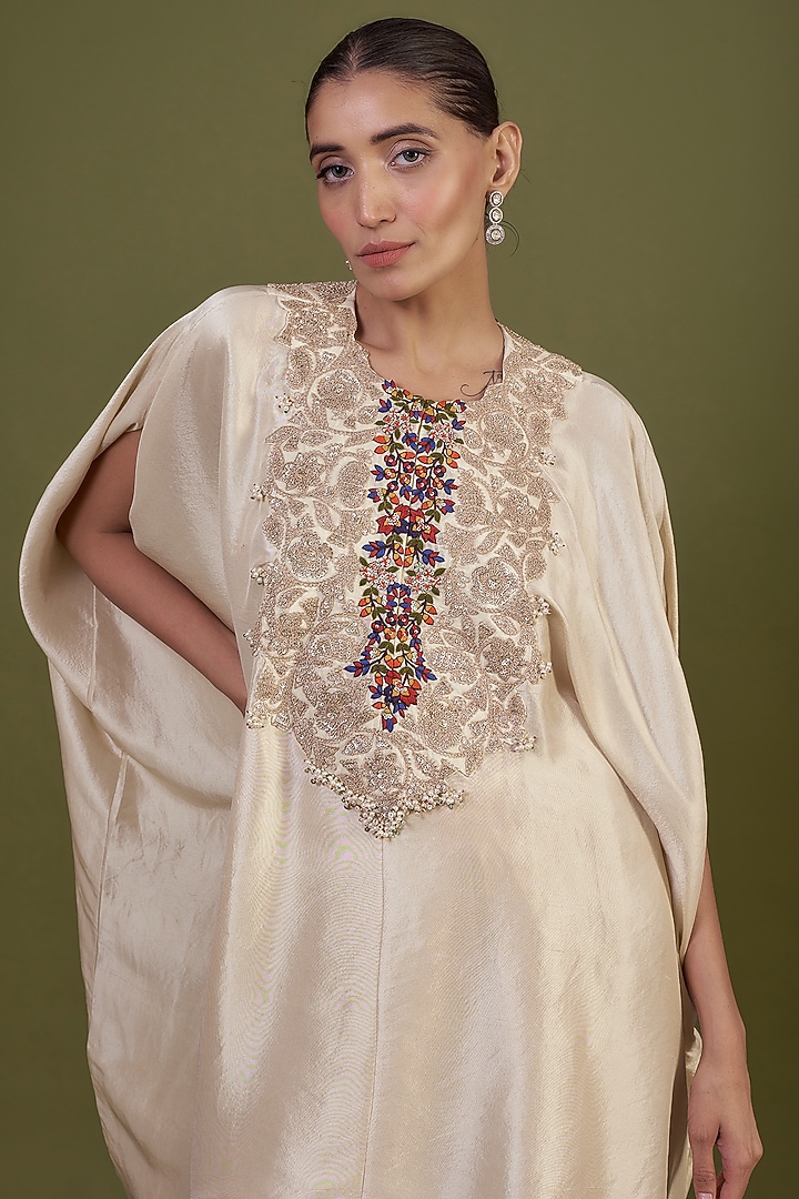 Ivory Silk Embroidered Kaftan Set by Prisho at Pernia's Pop Up Shop