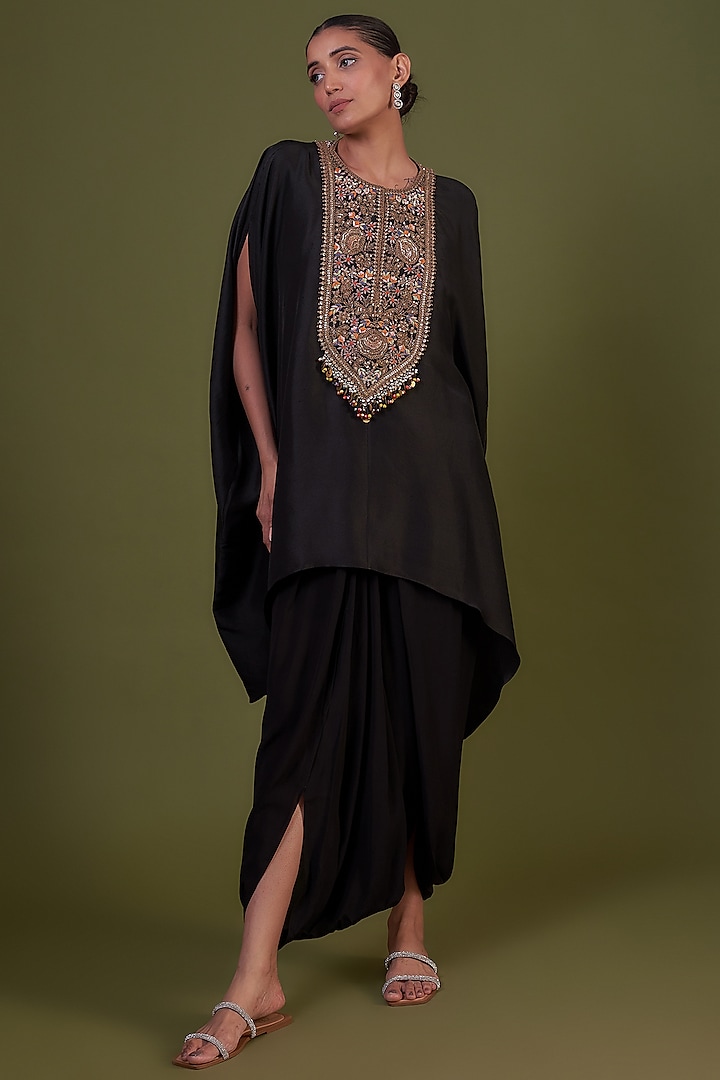Black Silk Embroidered Kaftan Set by Prisho