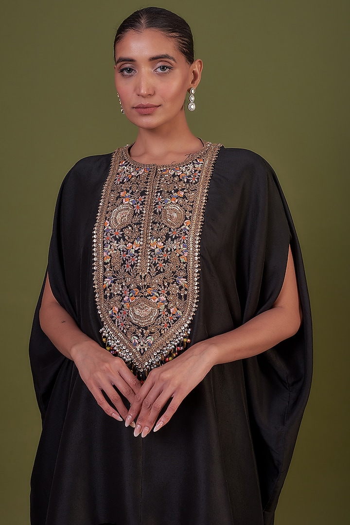 Black Silk Embroidered Kaftan Set by Prisho at Pernia's Pop Up Shop