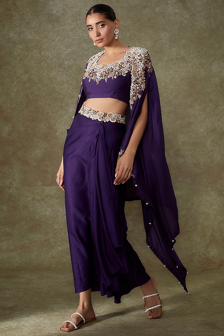 Purple Chanderi Embroidered Cape Set by Prisho at Pernia's Pop Up Shop