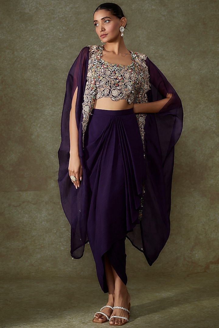 Purple Organza Embroidered Cape Set by Prisho at Pernia's Pop Up Shop