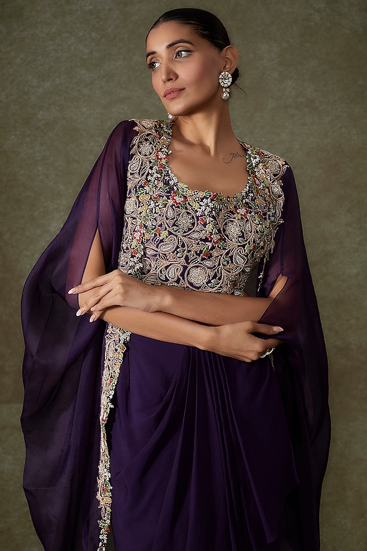 Purple Organza Embroidered Cape Set by Prisho at Pernia's Pop Up Shop