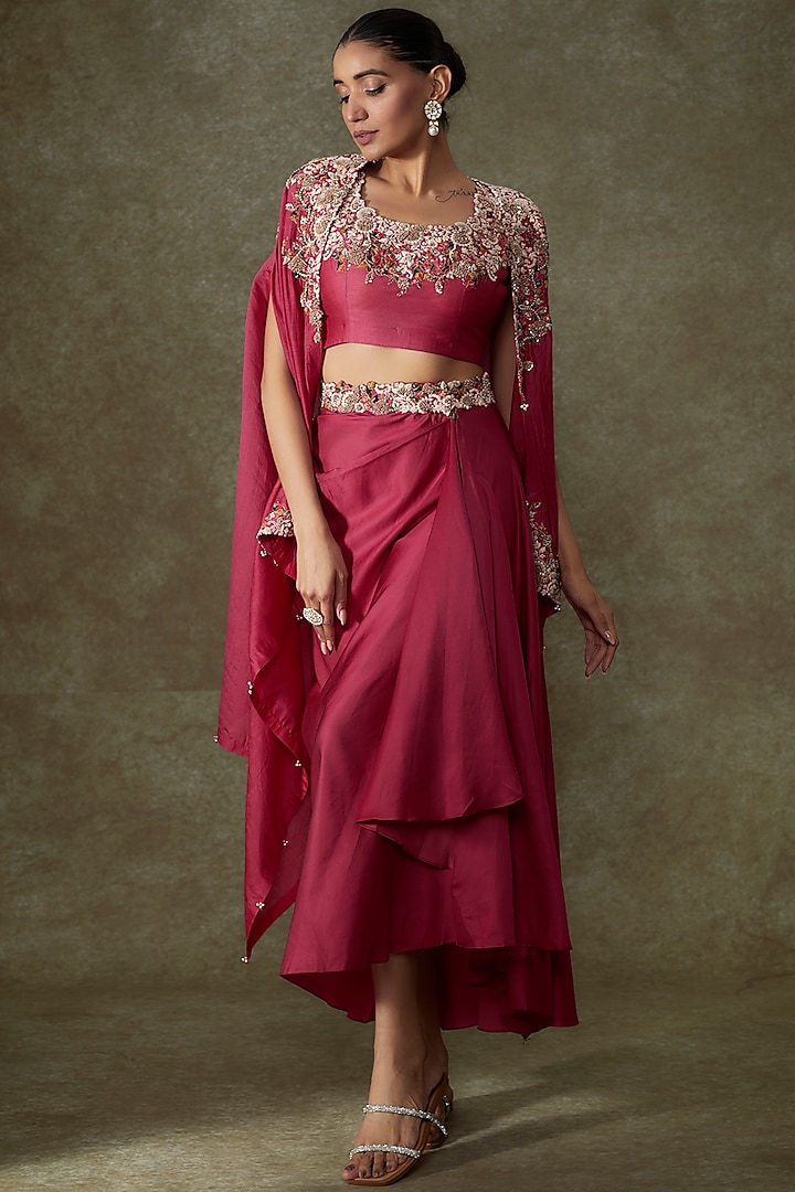 Pink Chanderi Embroidered Cape Set by Prisho at Pernia's Pop Up Shop