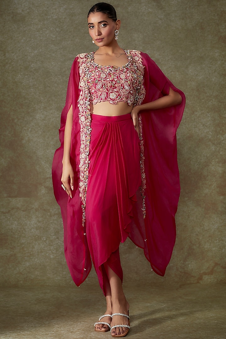 Pink Organza Embroidered Cape Set by Prisho at Pernia's Pop Up Shop
