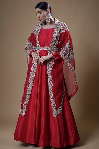 Red Silk Embroidered Anarkali Set by Prisho