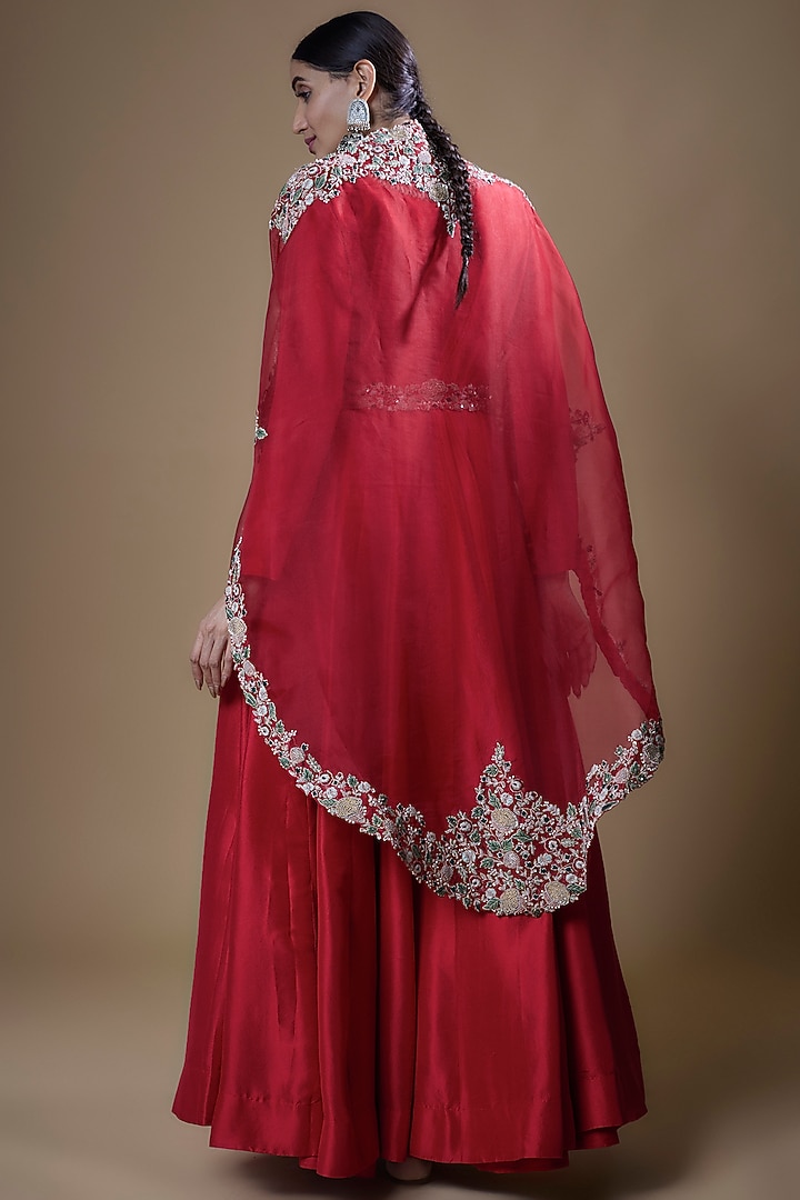 Red Silk Embroidered Wedding Anarkali Set by Prisho at Pernia's Pop Up Shop