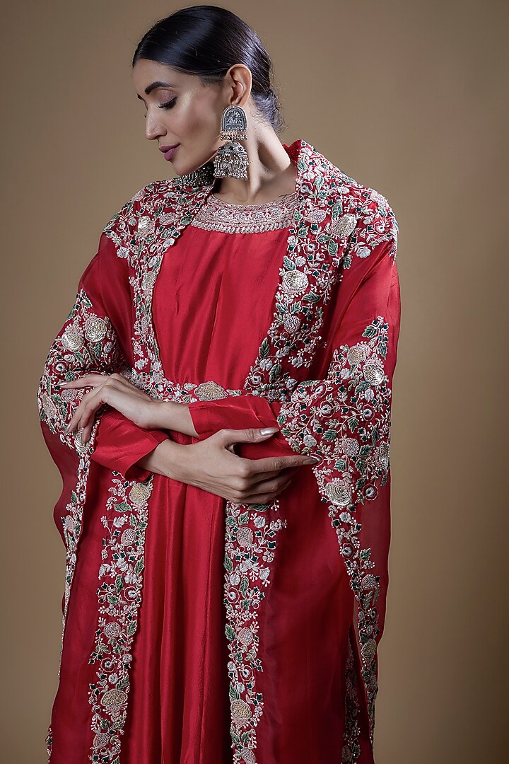 Red Silk Embroidered Wedding Anarkali Set by Prisho at Pernia's Pop Up Shop