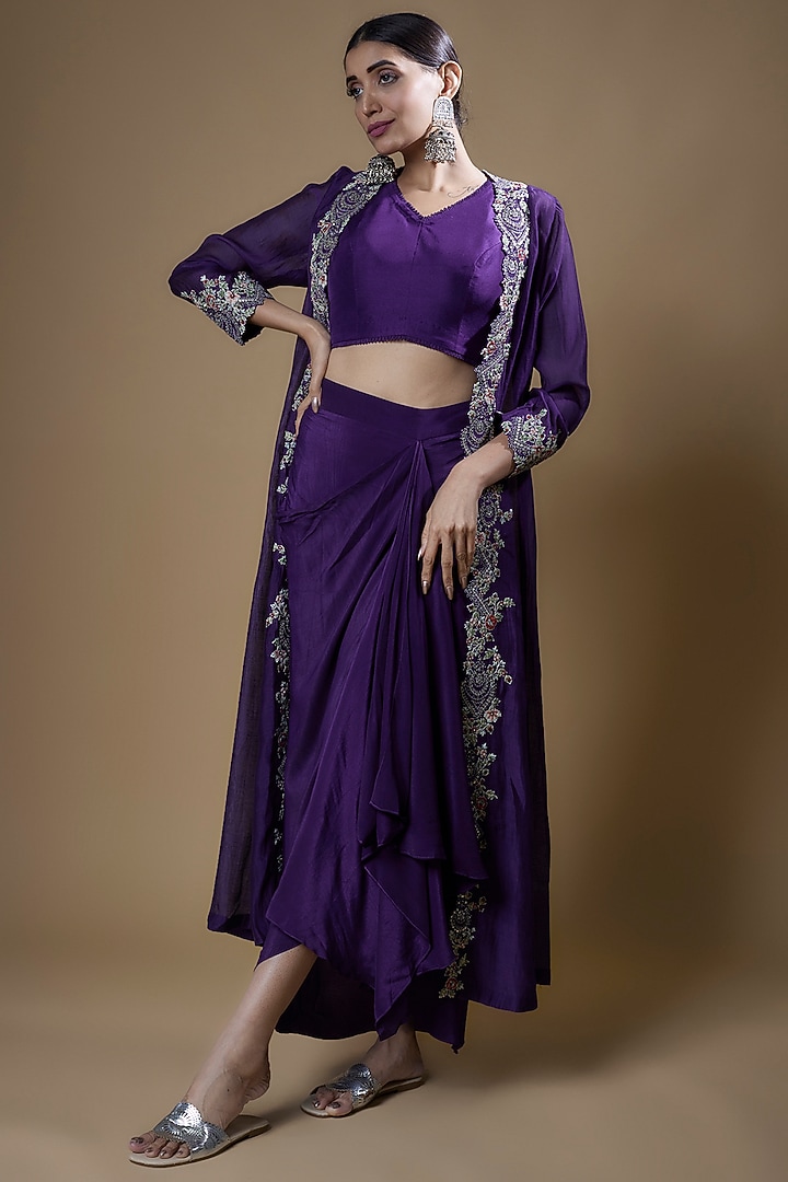 Purple Chanderi Embroidered Jacket Set by Prisho at Pernia's Pop Up Shop