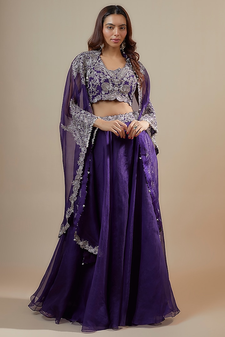 Dark Purple Organza Zari Embroidered Cape Set by Prisho at Pernia's Pop Up Shop