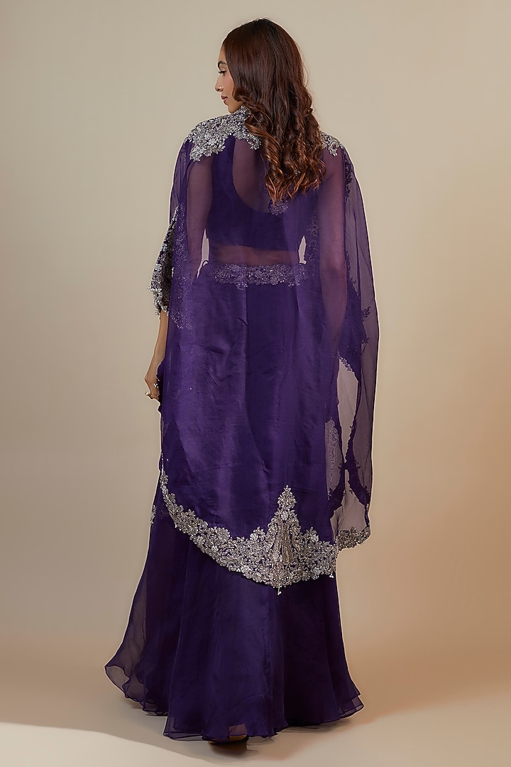 Dark Purple Organza Zari Embroidered Cape Set by Prisho at Pernia's Pop Up Shop
