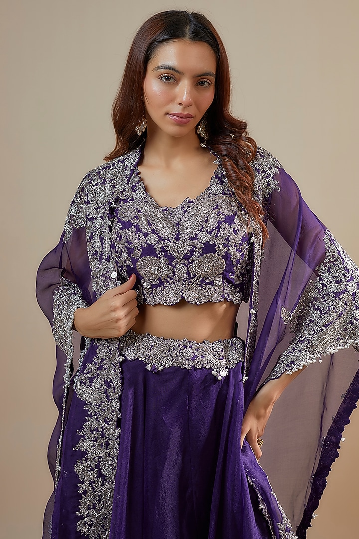 Dark Purple Organza Zari Embroidered Cape Set by Prisho at Pernia's Pop Up Shop