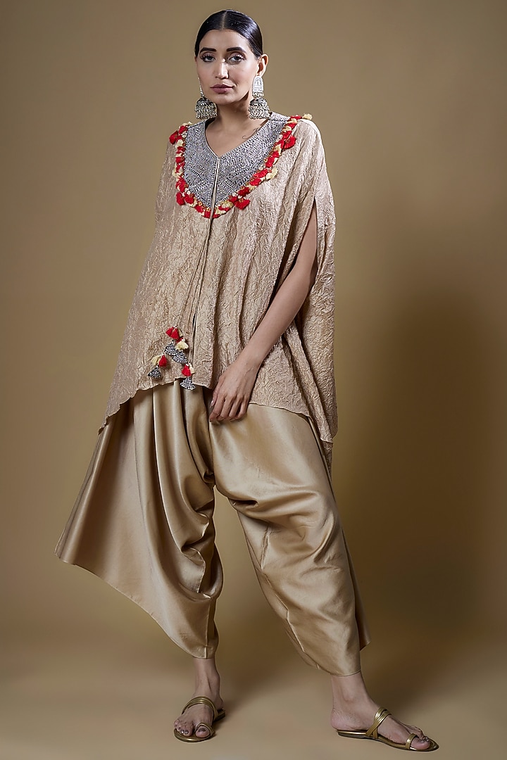 Beige Cotton Satin Asymmetric Pant Set by Prisho at Pernia's Pop Up Shop
