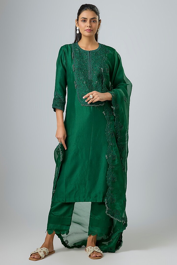 Bottle Green Silk Resham Work Kurta Set by Prisho at Pernia's Pop Up Shop