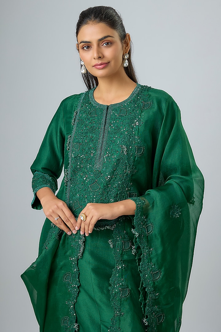 Bottle Green Silk Resham Work Kurta Set by Prisho at Pernia's Pop Up Shop