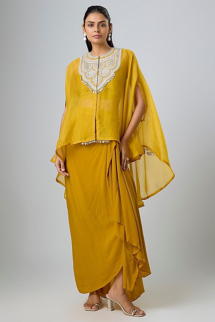 Mustard Organza Resham Work Kaftan Set by Prisho at Pernia's Pop Up Shop