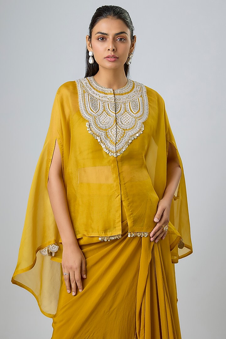 Mustard Organza Resham Work Kaftan Set by Prisho at Pernia's Pop Up Shop