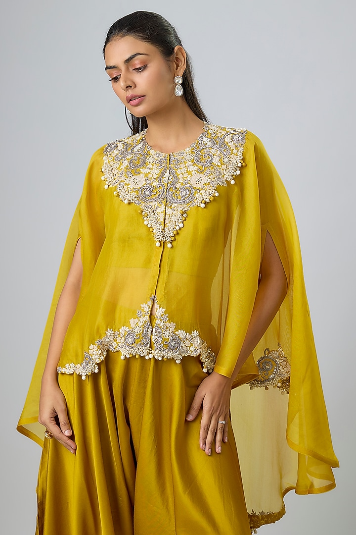 Mustard Organza Resham Work Kaftan Set by Prisho at Pernia's Pop Up Shop