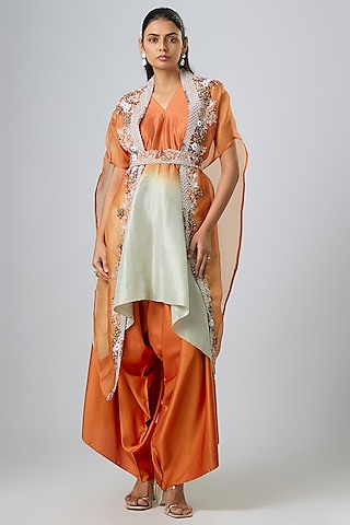 Rust Orange Organza Thread Work Cape Set by Prisho