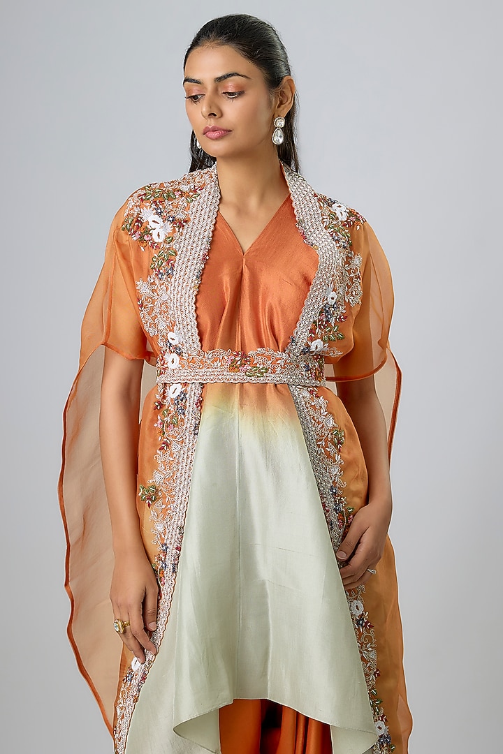 Rust Orange Organza Thread Work Cape Set by Prisho at Pernia's Pop Up Shop