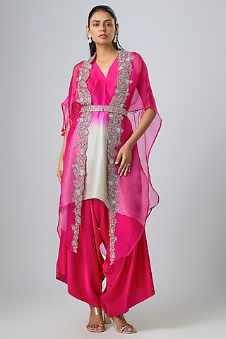 Fuchsia Organza Thread Work Cape Set by Prisho
