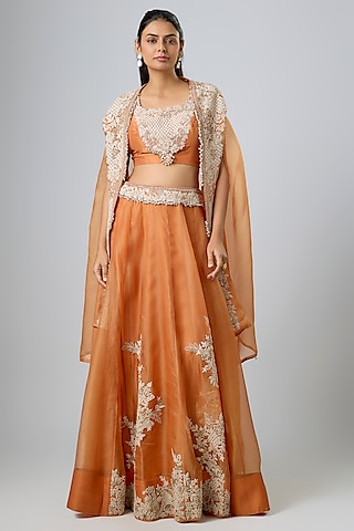 Rust Orange Organza Resham Work Cape Set by Prisho