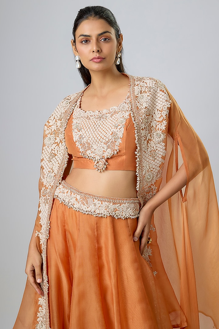 Rust Orange Organza Resham Work Cape Set by Prisho at Pernia's Pop Up Shop