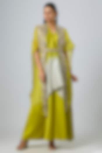 Lime Green Organza Maal Work Cape Set by Prisho at Pernia's Pop Up Shop