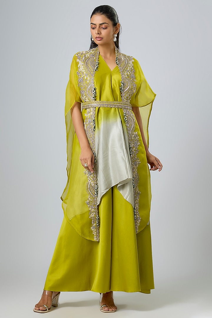 Lime Green Organza Maal Work Cape Set by Prisho at Pernia's Pop Up Shop