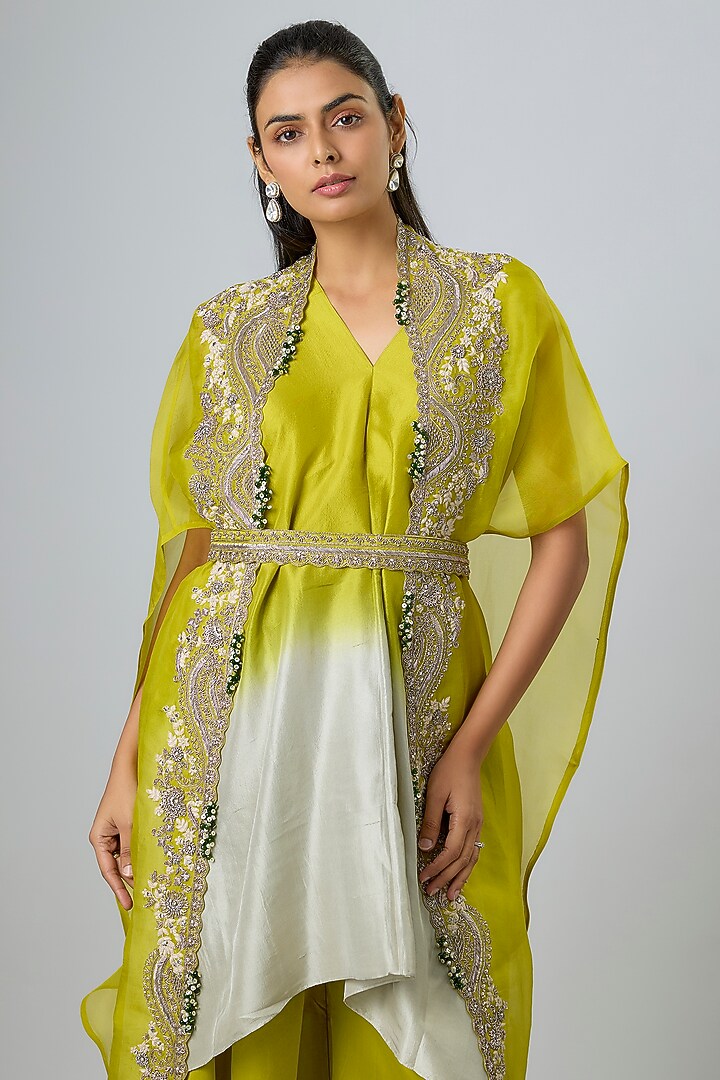 Lime Green Organza Maal Work Cape Set by Prisho at Pernia's Pop Up Shop