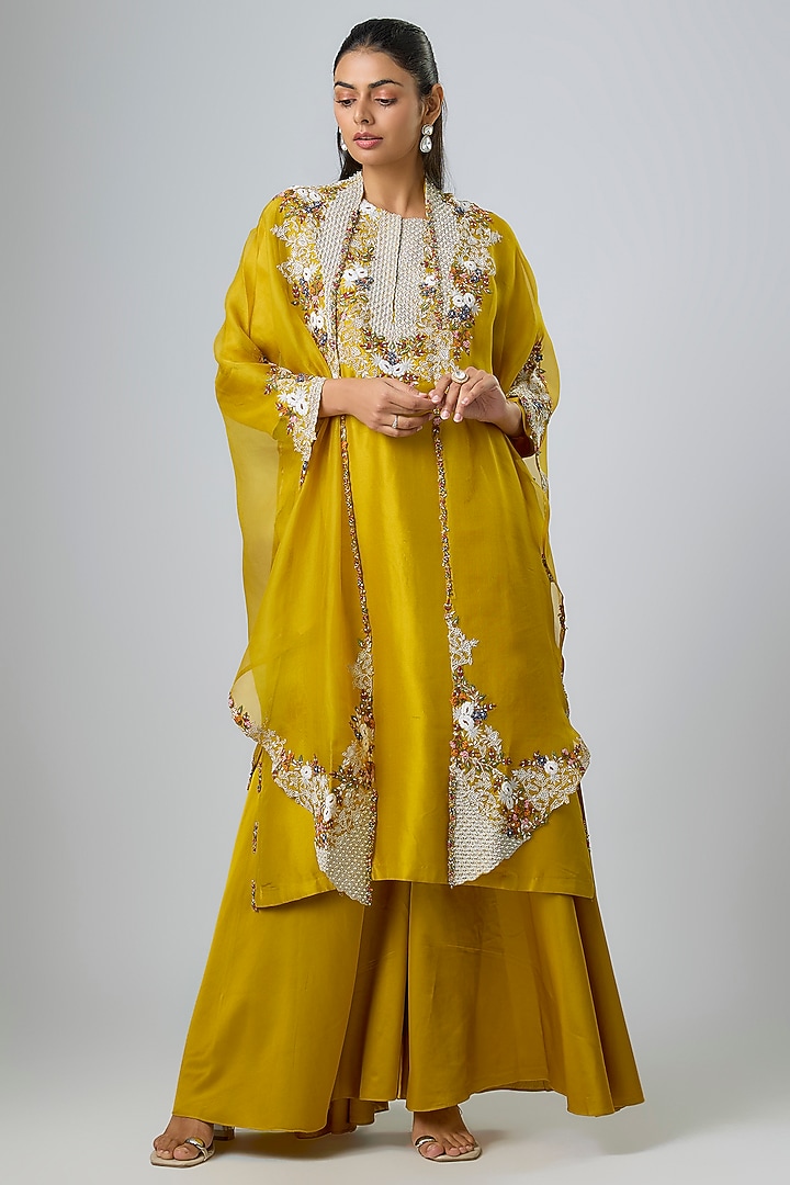 Mustard Organza Thread Work Cape Set by Prisho at Pernia's Pop Up Shop