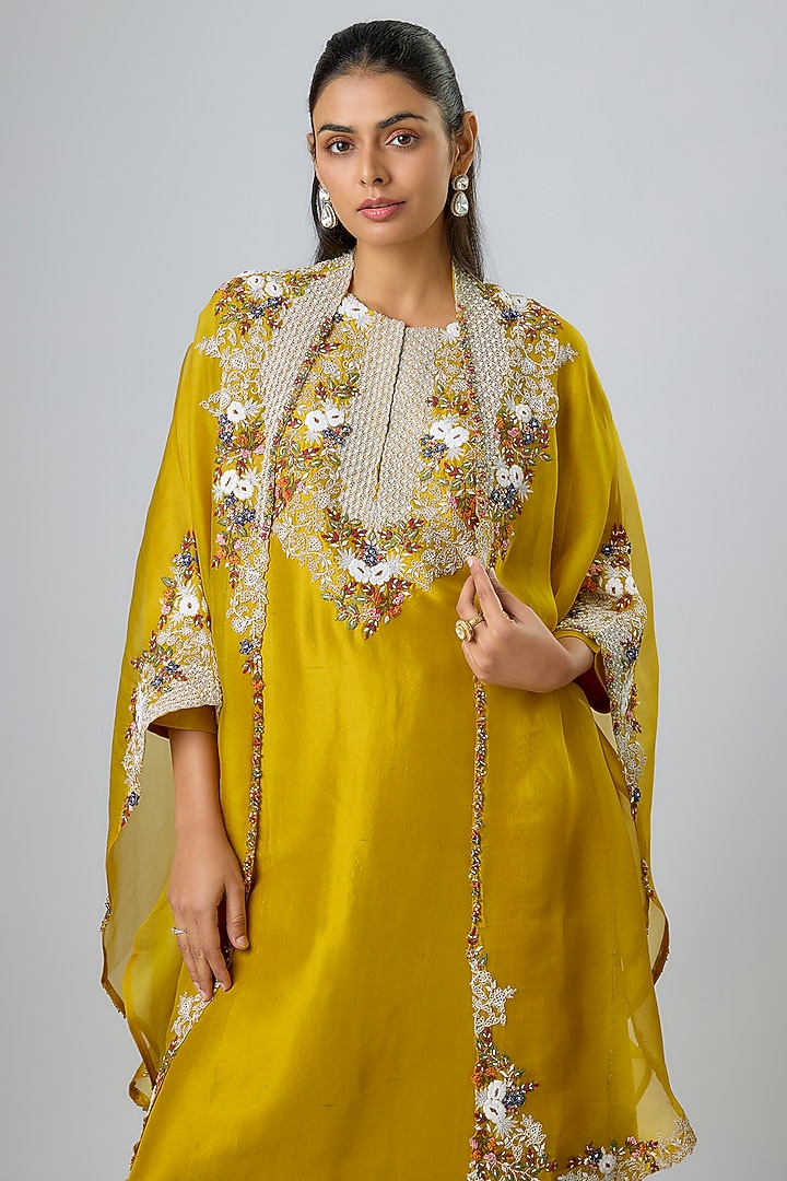 Mustard Organza Thread Work Cape Set by Prisho at Pernia's Pop Up Shop