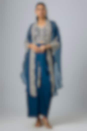 Blue Organza Resham Work Cape Set by Prisho at Pernia's Pop Up Shop