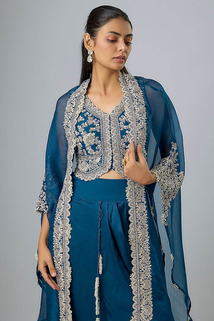 Blue Organza Resham Work Cape Set by Prisho at Pernia's Pop Up Shop