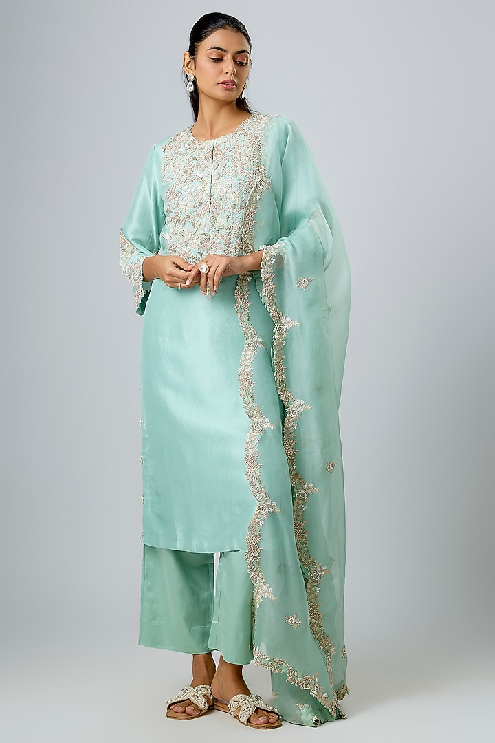 Aqua Silk Resham Work Kurta Set by Prisho at Pernia's Pop Up Shop
