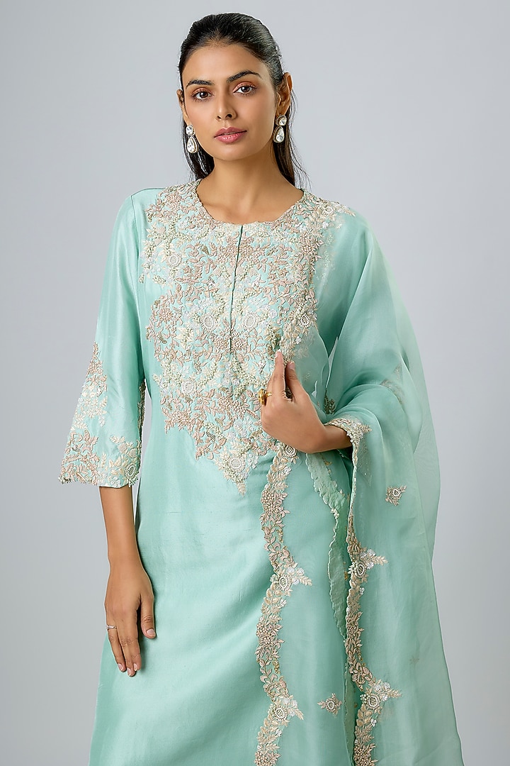 Aqua Silk Resham Work Kurta Set by Prisho at Pernia's Pop Up Shop