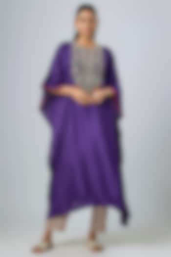 Dark Purple Silk Dori Work Kaftan Set by Prisho at Pernia's Pop Up Shop