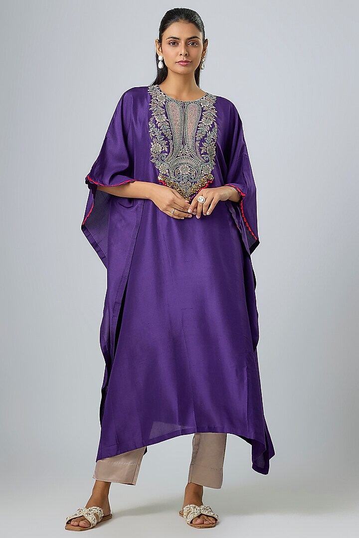 Dark Purple Silk Dori Work Kaftan Set by Prisho at Pernia's Pop Up Shop