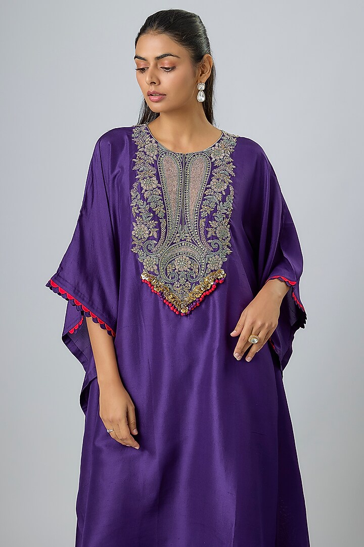 Dark Purple Silk Dori Work Kaftan Set by Prisho at Pernia's Pop Up Shop