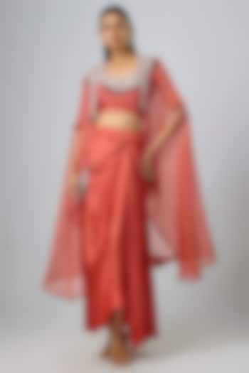 Deep Orange Organza Dori Work Cape Set by Prisho at Pernia's Pop Up Shop