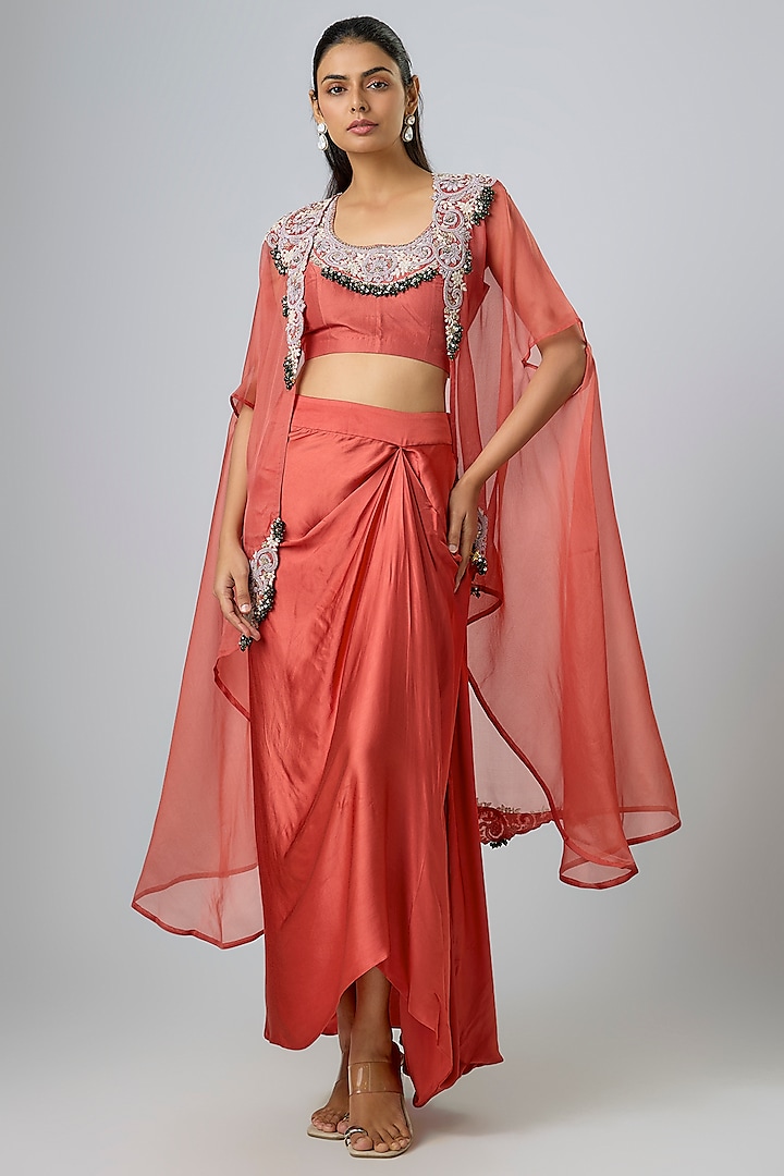 Deep Orange Organza Dori Work Cape Set by Prisho at Pernia's Pop Up Shop