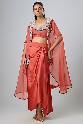 Deep Orange Organza Dori Work Cape Set by Prisho