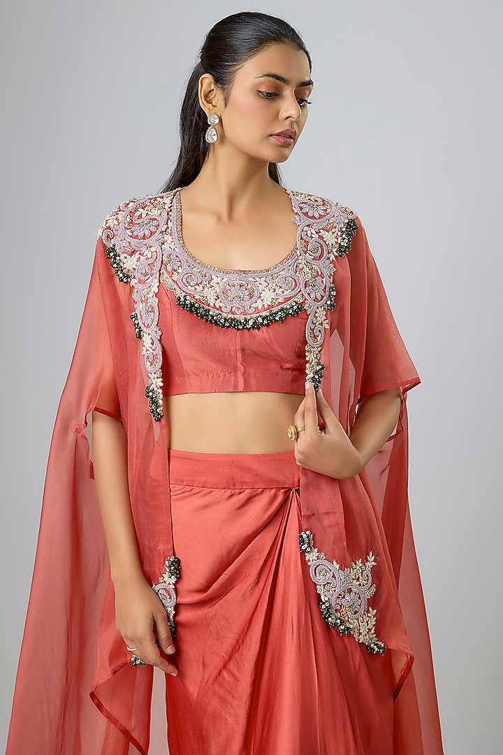 Deep Orange Organza Dori Work Cape Set by Prisho at Pernia's Pop Up Shop