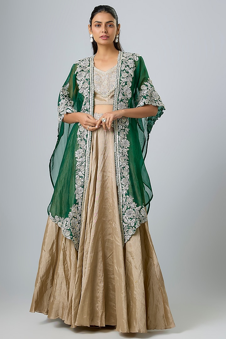 Bottle Green Organza Gota Work Cape Set by Prisho at Pernia's Pop Up Shop