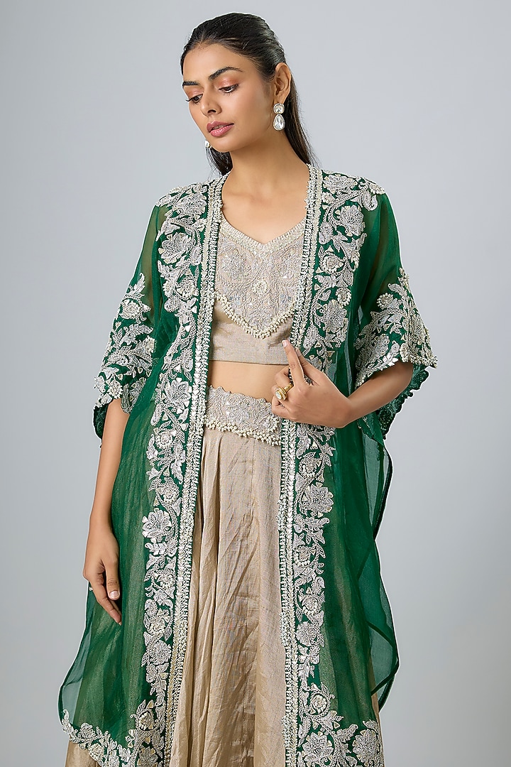 Bottle Green Organza Gota Work Cape Set by Prisho at Pernia's Pop Up Shop