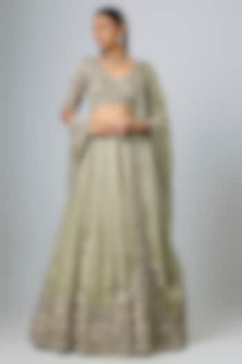 Sea Green Tissue Resham Work Bridal Lehenga Set by Prisho at Pernia's Pop Up Shop