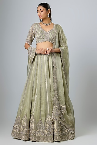 Sea Green Tissue Resham Work Lehenga Set by Prisho