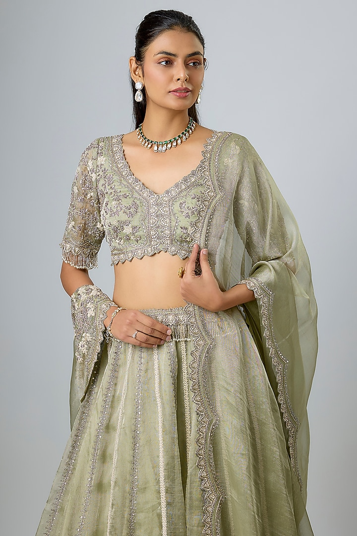 Sea Green Tissue Resham Work Bridal Lehenga Set by Prisho at Pernia's Pop Up Shop