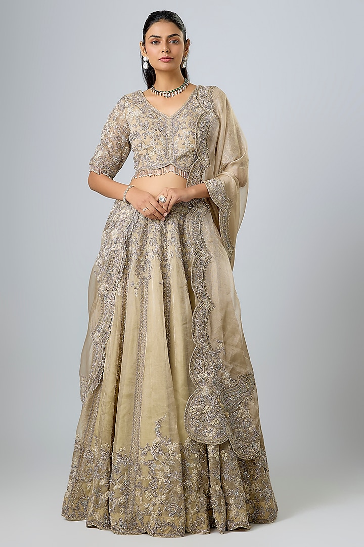 Beige Tissue Resham Work Bridal Lehenga Set by Prisho at Pernia's Pop Up Shop