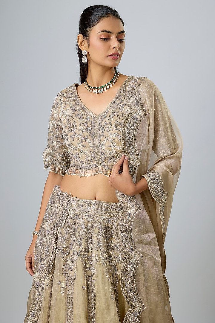 Beige Tissue Resham Work Bridal Lehenga Set by Prisho at Pernia's Pop Up Shop